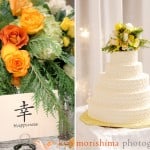 Floral centerpiece and wedding cake at the Nassau Inn, photographed by Kyo Morishima.