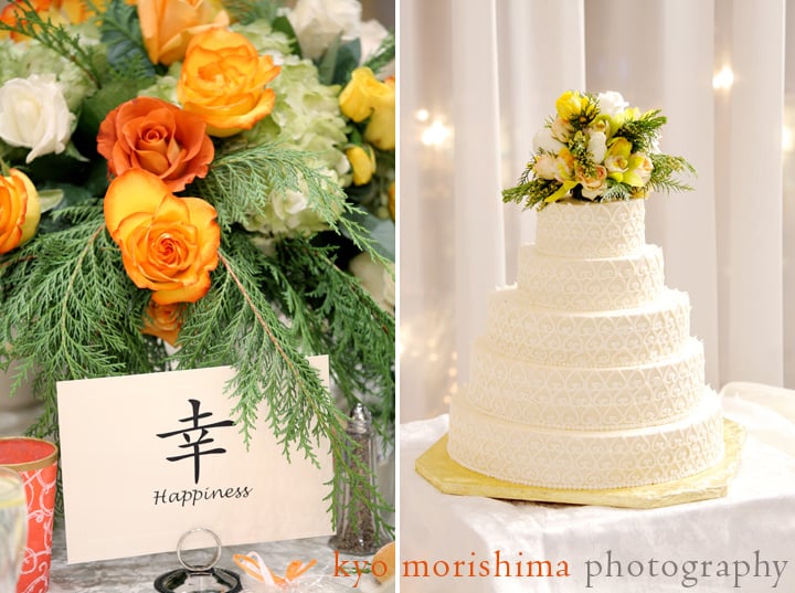 Floral centerpiece and wedding cake at the Nassau Inn, photographed by Kyo Morishima.