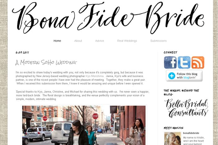 A Bona Fide Bride blog post featuring New York and New Jersey wedding photographer Kyo Morishima.