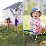 Baby outside playing with hose, photograph by Kyo Morishima