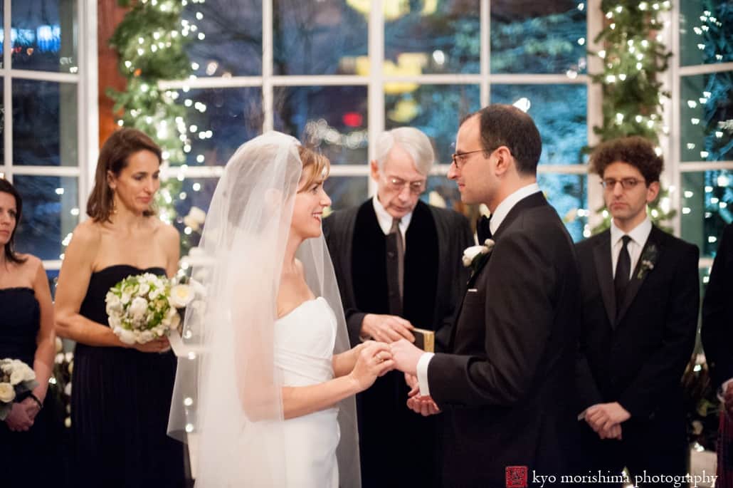 Winter Central Park NYC elopement Boathouse wedding ceremony bride and groom