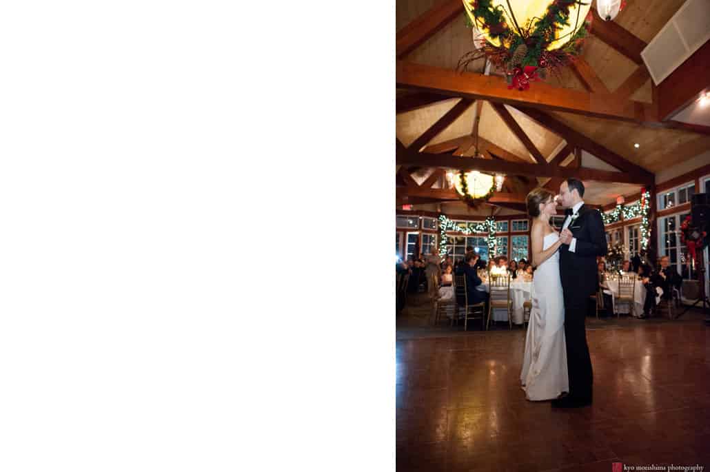 Winter Central Park NYC elopement Boathouse wedding reception bride and groom first dance