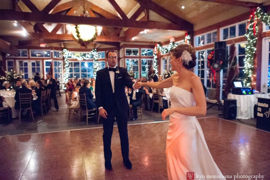 Winter Central Park NYC elopement Boathouse wedding reception bride and groom first dance