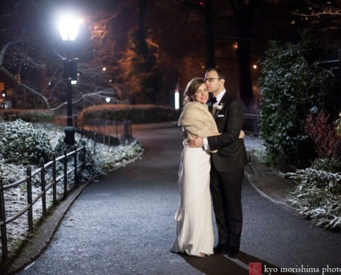 Winter Central Park NYC with snow outdoor portrait elopement Boathouse wedding