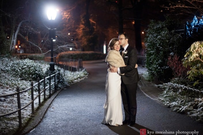 Winter Central Park NYC with snow outdoor portrait elopement Boathouse wedding