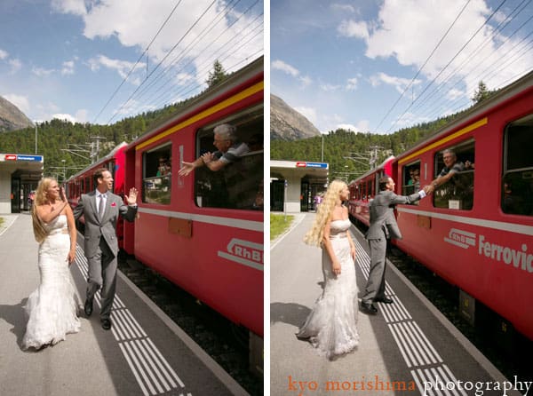 Bride and groom greet train passenger in Swiss Alps, by destination wedding photographer Kyo Morishima