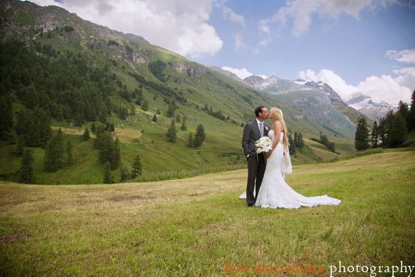 Bride and groom portrait in Fex, Switzerland, photographed by destination wedding photographer Kyo Morishima