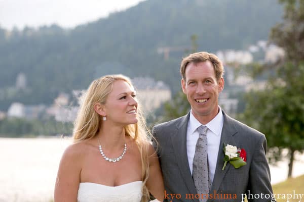 Bride and groom portrait outside Waldhaus Hotel, St. Moritz, Switzerland, photographed by destination wedding photographer Kyo Morishima