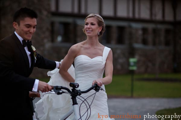 Bride and groom with mountain bike at Duke Farms, photographed by NJ wedding photographer Kyo Morishima