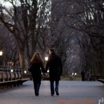 Couple walking in Central Park; engagement picture photographed by NYC wedding photographer Kyo Morishima