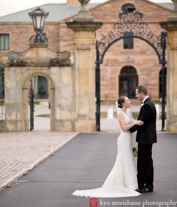 Jasna Polana fall wedding portrait; groom's tux by Hugo Boss, wedding dress from Kleinfeld, photographed by Princeton wedding photographer Kyo Morishima