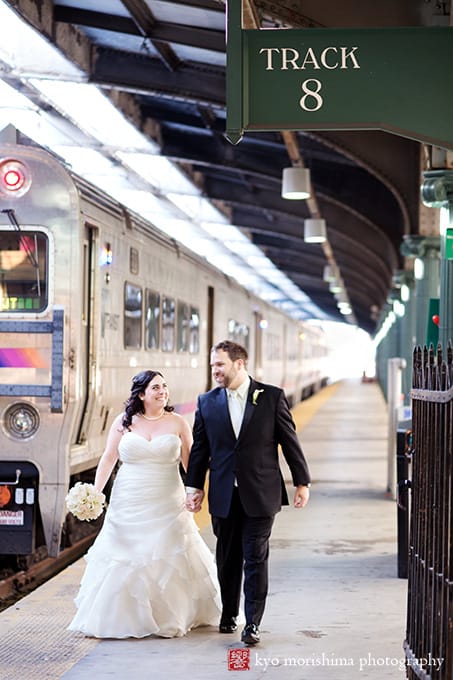Hoboken traini Terminal station bride and groom walking on platform