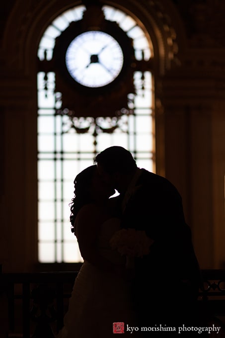Hoboken Terminal station bride and groom kiss silhouette