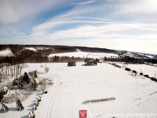 Overhead view of Whistling Wolf Farm in wintertime Hunterdon County, photographed by NJ photographer Kyo Morishima