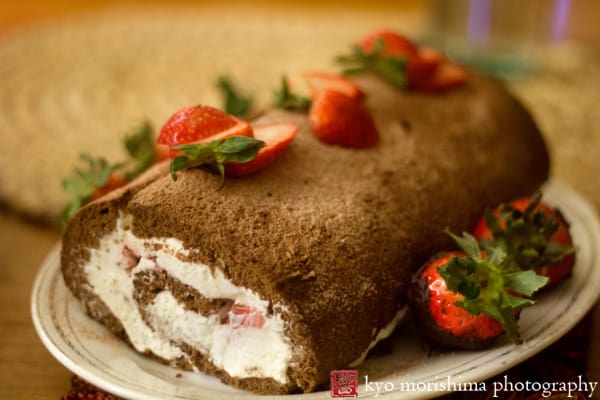 Chocolate Strawberry Roll Cake, photographed by Kyo Morishima.