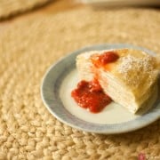 Mille Crêpes Cake with Strawberry Sauce, photographed by Kyo Morishima