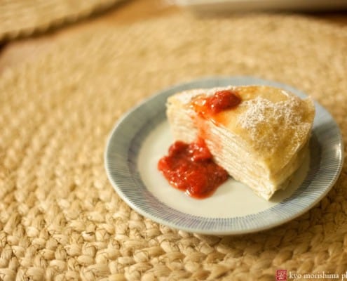 Mille Crêpes Cake with Strawberry Sauce, photographed by Kyo Morishima