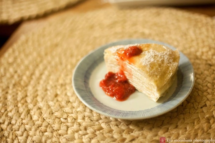 Mille Crêpes Cake with Strawberry Sauce, photographed by Kyo Morishima