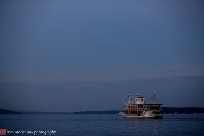 Lady of the Lake steamboat on Lake Geneva at twilight, photographed by Lake Geneva wedding photographer Kyo Morishima.
