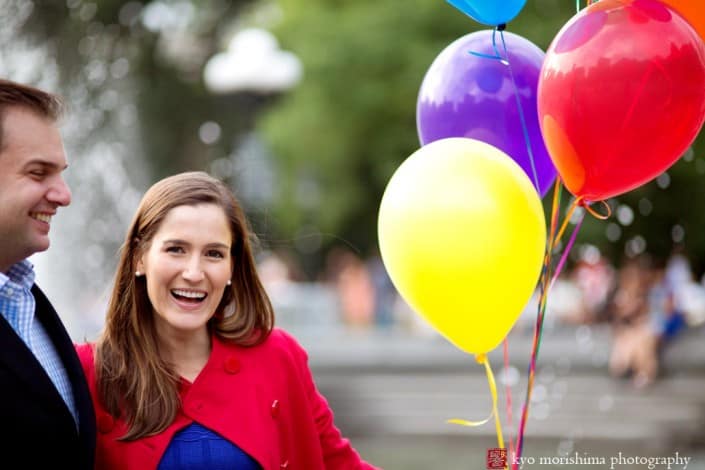 Engagement session what to wear: bright primary colors with a bouquet of balloons, photographed in Washington Square Park, NYC, by Kyo Morishima