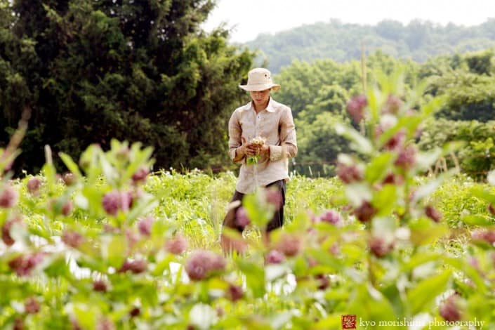 Farmer Helen Chandler holds baby turnips that she has just harvested at Whistling Wolf Farm; photographed by New Jersey documentary photographer Kyo Morishima
