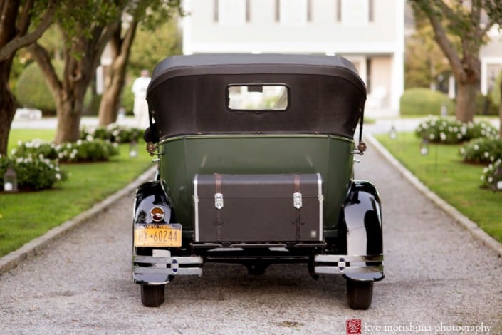 Ford Model A approaches house in Southampton, photographed by Hamptons wedding photographer Kyo Morishima