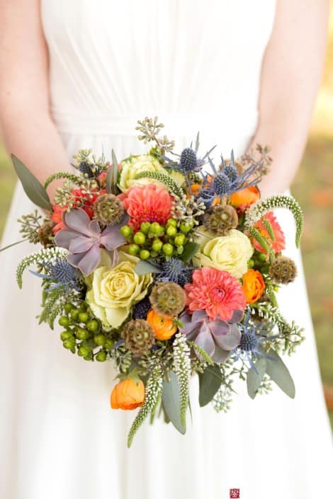 Pink, orange, and green fall wedding bouquet by Monday Morning Flowers, photographed by Kyo Morishima