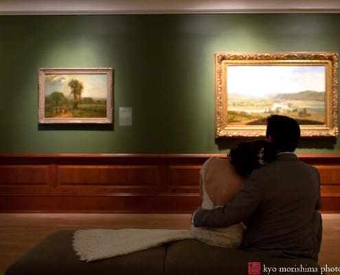 bride and groom wedding portrait in a painting gallery at Montclair Art Museum photographer Kyo Morishim