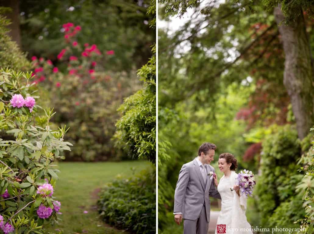 Bride and groom walk down a path at Van Vleck Gardens with hydrangeas in bloom, photographed by Montclair wedding photographer Kyo Morishima
