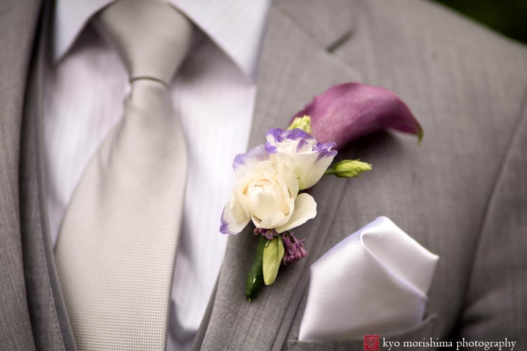 Purple iris and cala lilly boutonniere, photographed by Montclair wedding photographer Kyo Morishima