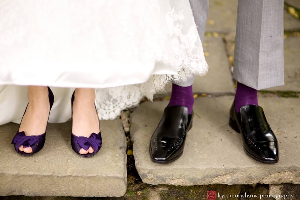 Bride and groom with matching purple shoes and purple socks, photographed by Montclair wedding photographer Kyo Morishima