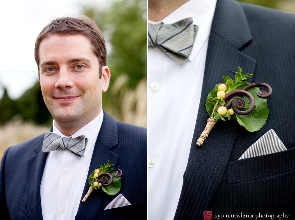 Groom with boutonniere by Monday Morning Flowers, photographed by Hamilton wedding photographer Kyo Morishima