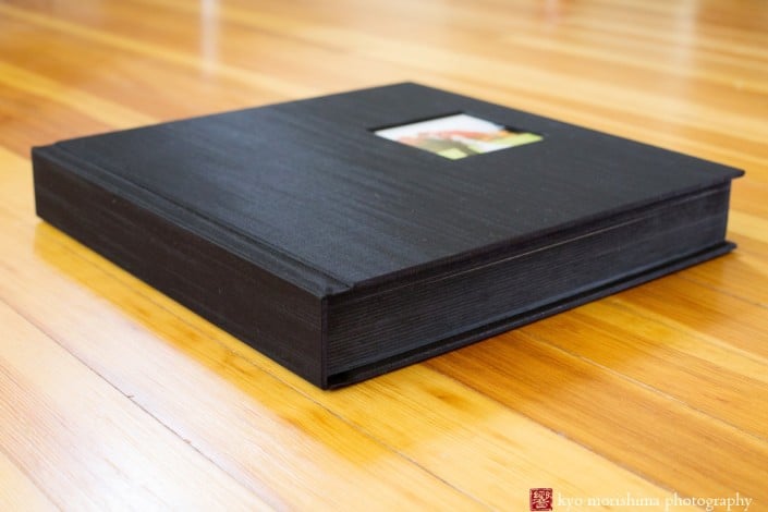 Galleria wedding album from Renaissance Albums in black silk shantung with inset photograph, photographed by Kyo Morishima