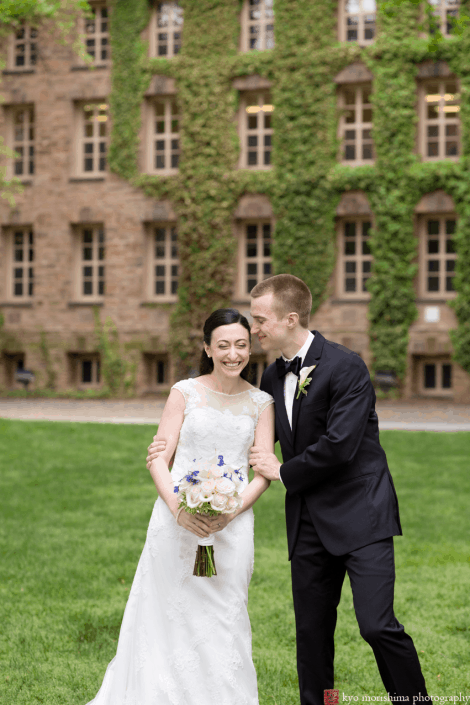 Bride and groom laugh during portrait session on Princeton University campus, photographed by Kyo Morishima