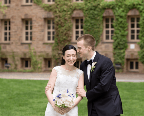 Bride and groom laugh during portrait session on Princeton University campus, photographed by Kyo Morishima