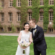 Bride and groom laugh during portrait session on Princeton University campus, photographed by Kyo Morishima