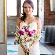 Bride with bouquet of fuschia peonies and white astilbe from Flower Muse, designed by Krystle DeSantos, photographed by Kyo Morishima