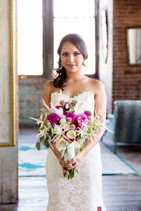 Bride with bouquet of fuschia peonies and white astilbe from Flower Muse, designed by Krystle DeSantos, photographed by Kyo Morishima