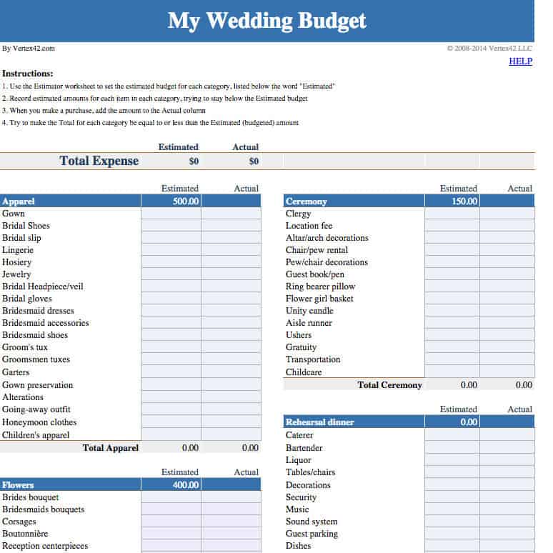 Google Sheets wedding budget from Vertex42