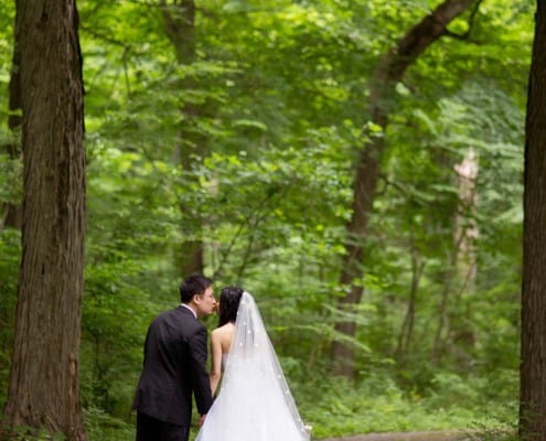 Wedding kiss under the trees, photographed by Tarrytown wedding photographer Kyo Morishima