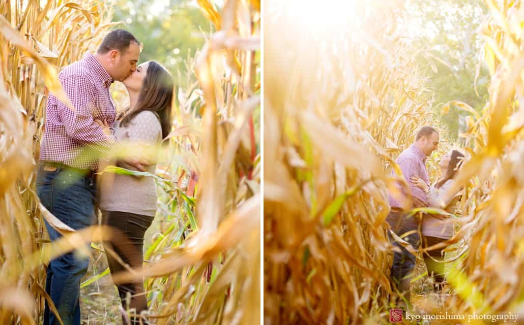 Sun-kissed fall engagement session in a cornfield, photographed in Battlefield Park, Princeton, by Kyo Morishima