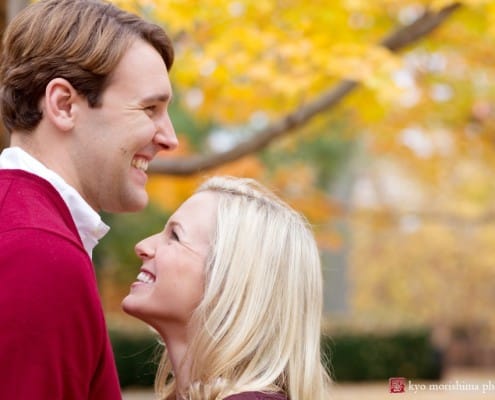 Princeton University engagement photo with fall leaves, photographed by Kyo Morishima