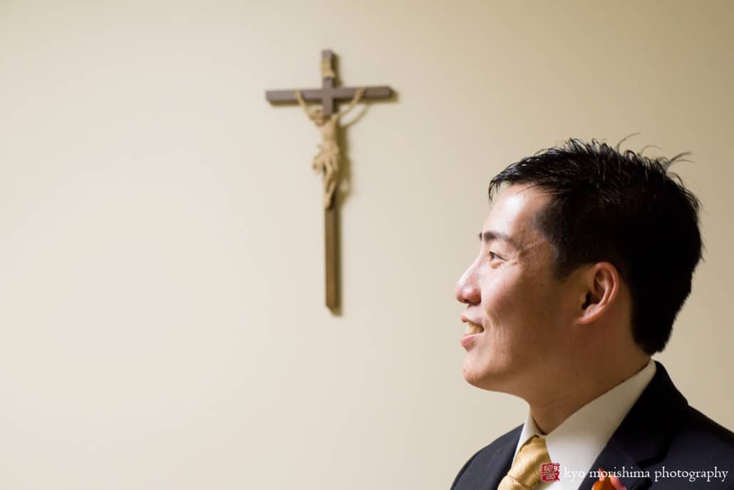 Groom waits for wedding ceremony to begin at Queenship of Mary Church in Plainsboro, photographed by Kyo Morishima
