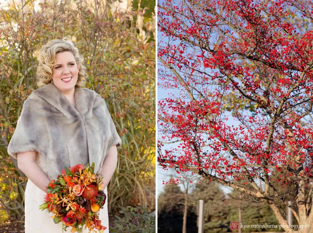 Bride wearing grey fur stole with orange and red wedding bouquet by Viburnum Flowers, photographed by Kyo Morishima