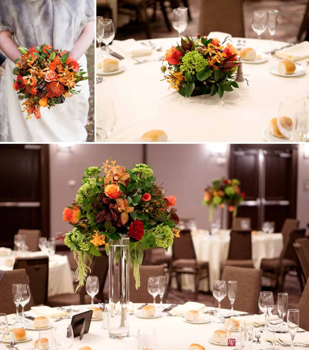 Fall flower bouquet and centerpieces by Viburnum at Westin Forrestal Village Princeton wedding, photographed by Kyo Morishima