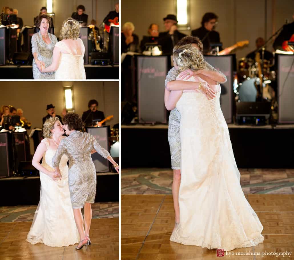 Bride and mother have fun together on the dance floor at Westin Forrestal Village wedding in Princeton, photographed by Kyo Morishima