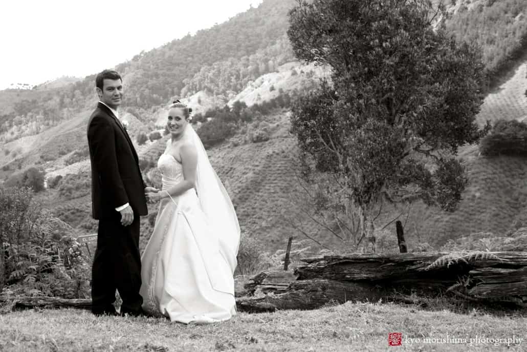 Bride and groom portrait on mountainside in Costa Rica photographed by Kyo Morishima