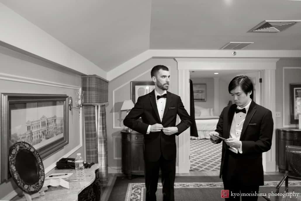 Groom getting ready at Olde Mill Inn wedding photographed by Basking Ridge wedding photographer Kyo Morishima