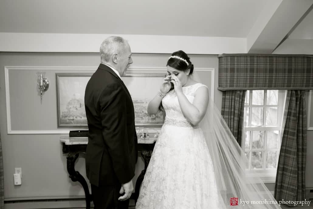 Bride and father are emotional as they see each other for the first time on her wedding day at Olde Mill Inn, photographed by NJ wedding photographer Kyo Morishima