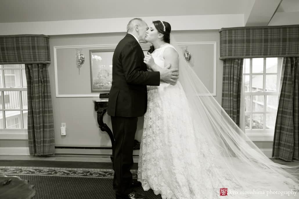 Bride and father embrace before Olde Mill Inn wedding, photographed by Kyo Morishima